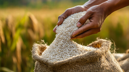 A farmer harvesting grains in a lush field during a sunny day, showcasing the essence of agriculture and hard work