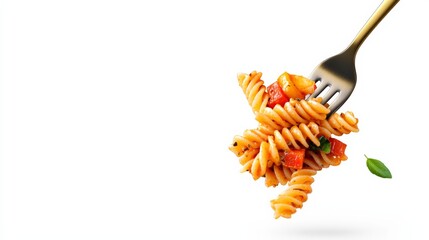 Fork with pasta on it. The pasta is in the air and the fork is pointing at it