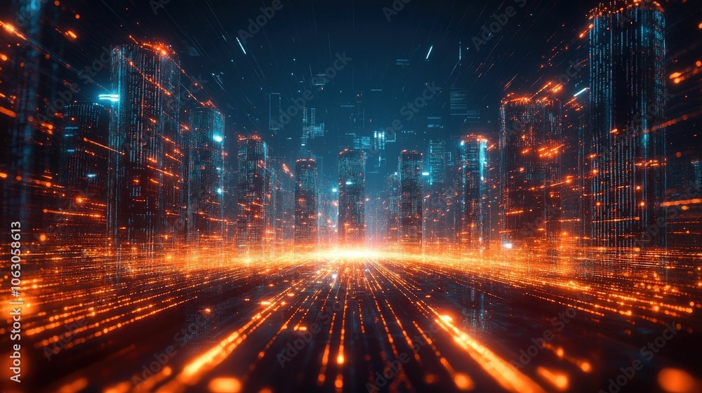 Poster a futuristic metropolis made of data streams with glowing privacy walls protecting sensitive buildin