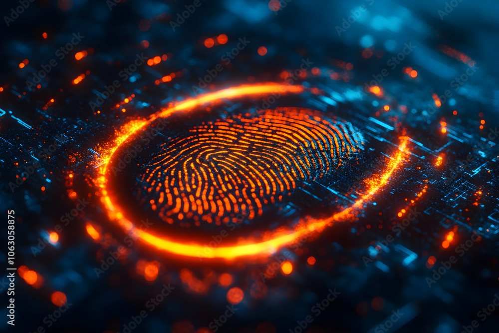 Poster cybersecurity fingerprint scan with biometric shield on futuristic digital interface, data protectio