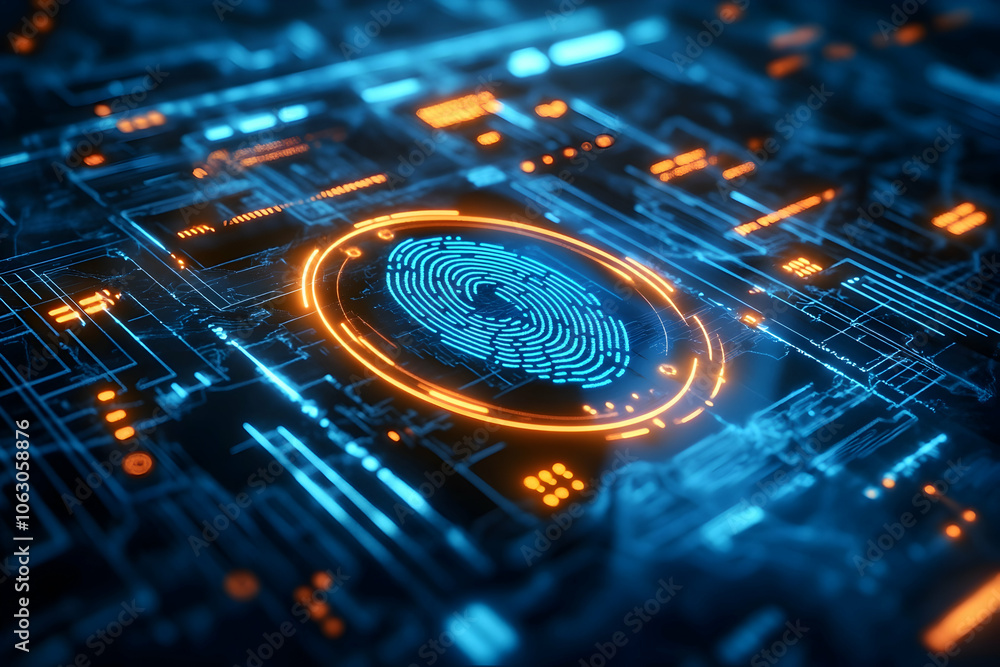 Poster cybersecurity fingerprint scan with biometric shield on futuristic digital interface, data protectio