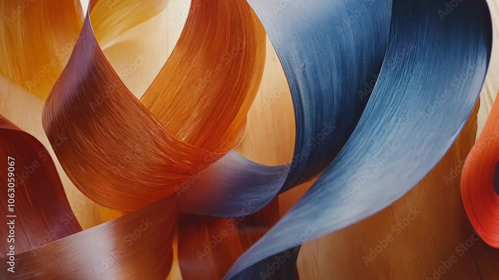 Poster curved, flowing ribbons in warm orange and cool blue create a dynamic abstract pattern on a neutral 