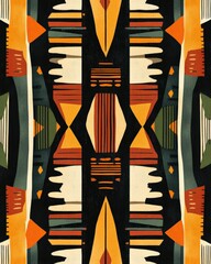 A seamless pattern inspired by traditional African tribal motifs, featuring bold geometric shapes, earthy tones, and intricate line work, perfect for textiles, fashion, or cultural home decor