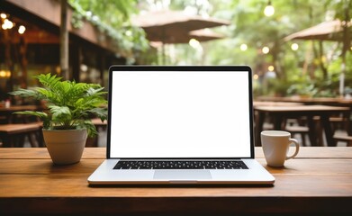 Wooden table with laptop white screen and a cup of coffee, complemented by a vibrant potted plant...