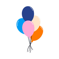 Air balloons bunch flying, tied with string. Festive baloons bundle floating, soaring up. Holiday decoration. Birthday party decor. Flat graphic vector illustration isolated on white background