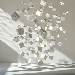 Floating white cubes in minimalist geometric design, clean abstract art with soft lighting