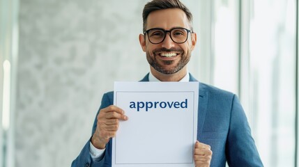 Confident businessman celebrates success with approved document in hand