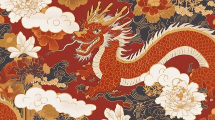 A traditional seamless pattern inspired by Chinese heritage, featuring dragons, clouds, and floral motifs in red and gold, creating a striking design suitable for event decor