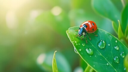 Obraz premium Ladybug crawls on dewy leaf in nature