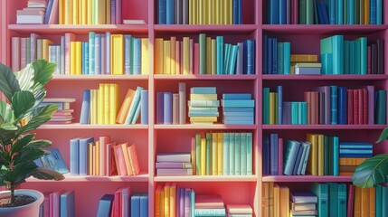 Colorful Bookshelf with Books and Plant   Interior Design