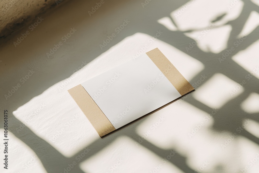 Poster a crisp white card sits gracefully on a textured surface with clear-cut light and shadow contrasts, 