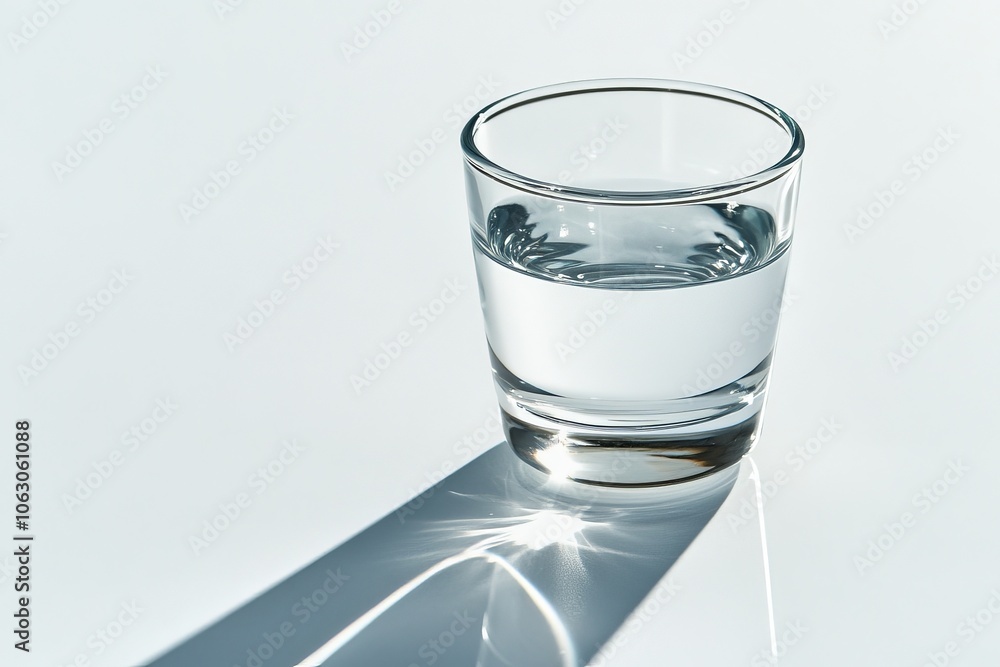 Poster a clear glass filled with water is captivatingly lit, creating dazzling reflections and shadows that