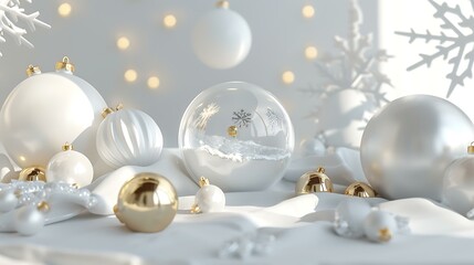 A 3D render of a festive winter scene featuring white and gold Christmas ornaments, baubles, and an empty glass snow globe centered on a pristine white background with soft lighting and subtle