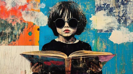 Colorful abstract portrait of child with sunglasses and open book