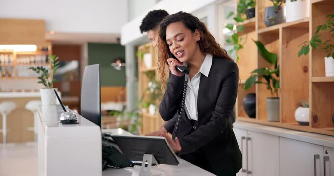 Woman, man and concierge with phone call for booking, reservation and enquiry as hotel staff. Receptionist, telephone and tech for communication, room service and customer care as employees or team