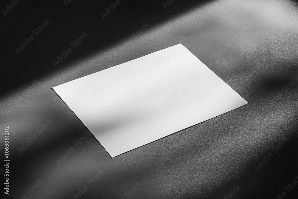 Fototapete A single sheet of blank white paper resting at an angle on a textured dark surface, highlighted by light and shadow, creating a minimalist and contemplative scene.