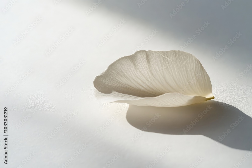 Poster a lone white petal rests on a softly lit white background, its delicate structure and gentle shadow 