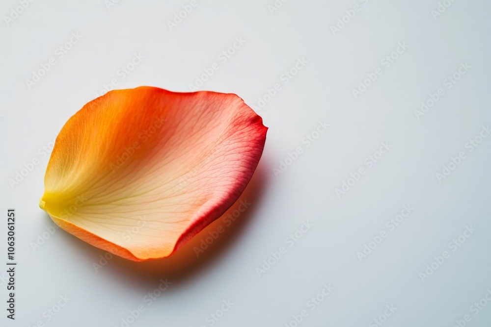 Poster A single red-orange petal with a gradient of color from dark to light is lying flat, showcasing its beautiful natural hues and smooth texture on a white surface.