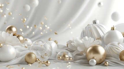 Minimalist 3D holiday wallpaper showing delicate white and gold Christmas decorations, including shimmering baubles and a clear glass snow globe, arranged in a balanced composition against a