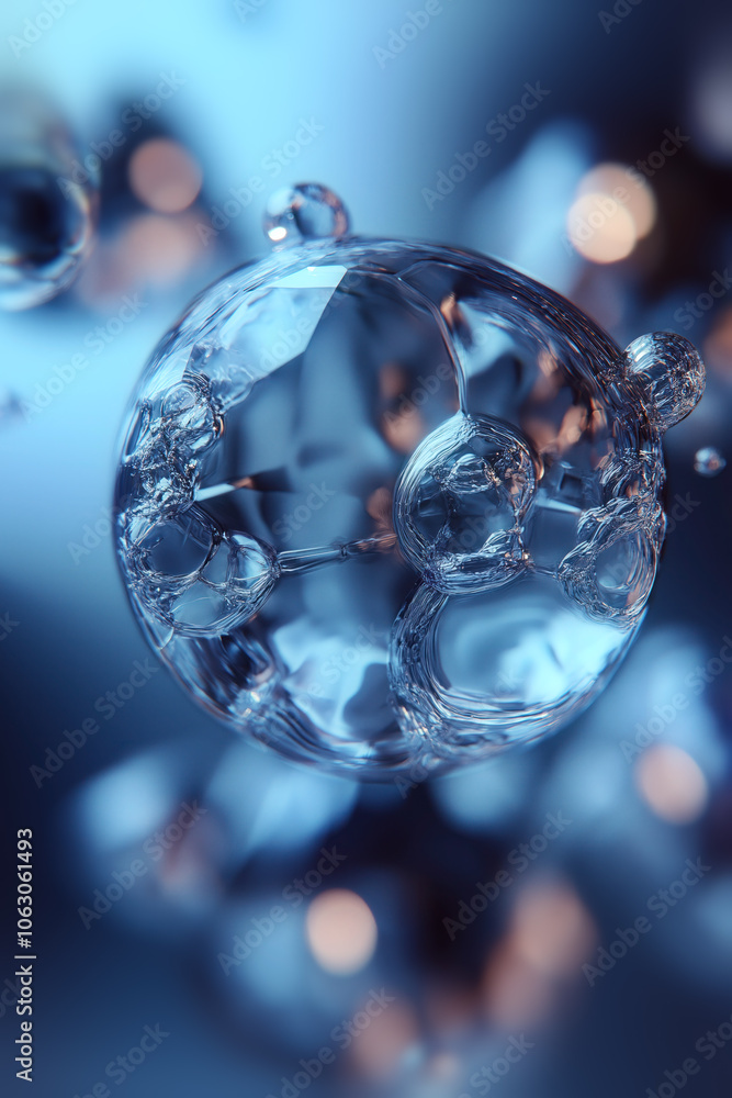 Poster Abstract illustration of a transparent glass sphere with a colorful play of light in a blue color scheme, where the depth of field emphasizes its uniqueness