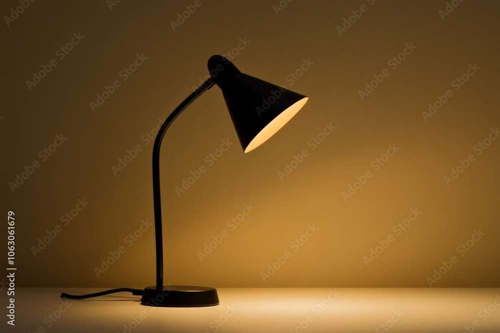Poster A stylish black desk lamp emits a warm, inviting glow, creating a cozy atmosphere, enhancing the ambiance with its simple yet effective lighting.