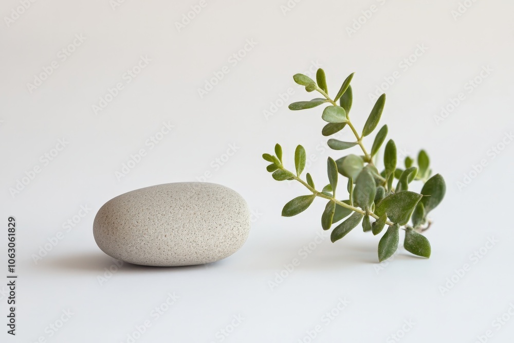 Poster a smooth gray stone next to a small green sprig, creating a minimalist and calming composition on a 