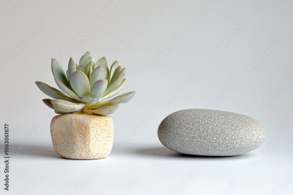 Poster a close-up of a potted succulent next to a smooth stone, both bathed in natural light on a neutral b
