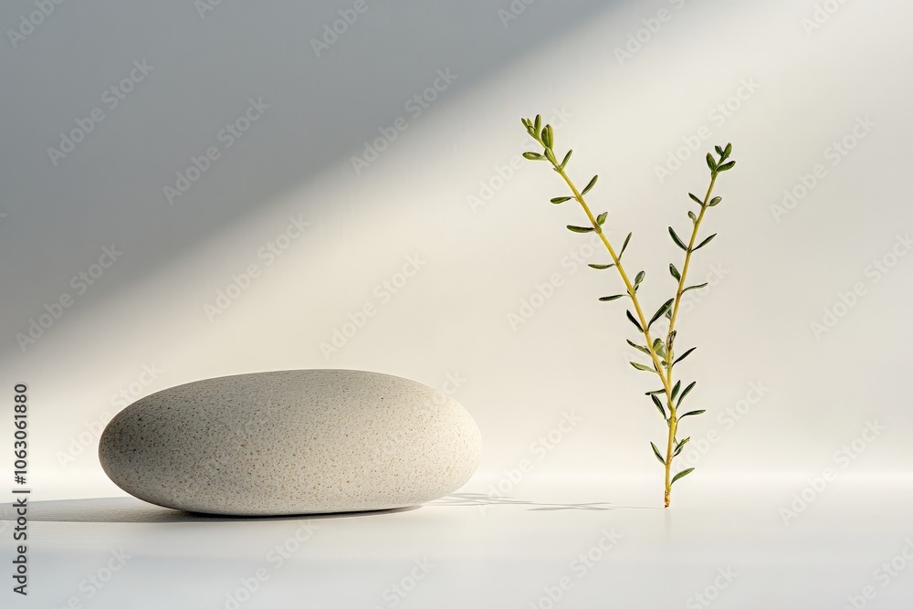 Aufkleber a rounded, smooth stone beside a slender twig captured in soft, angled sunlight, creating a minimali