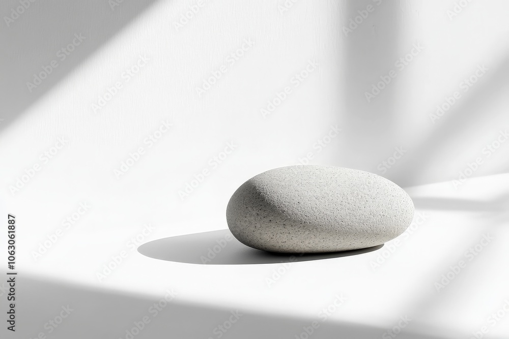 Aufkleber a single textured stone placed in bright lighting, its round shape casting distinct shadows, produci