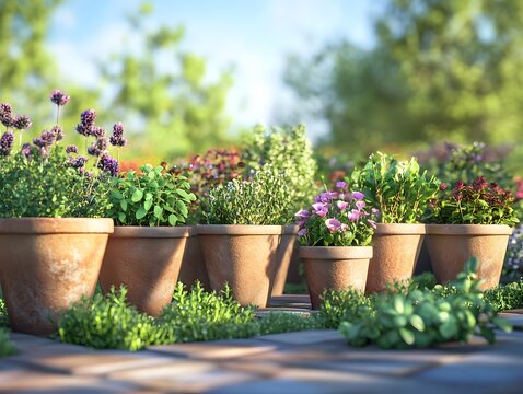 Organic herb garden, emphasizing the variety and color of the herbs growing in pots