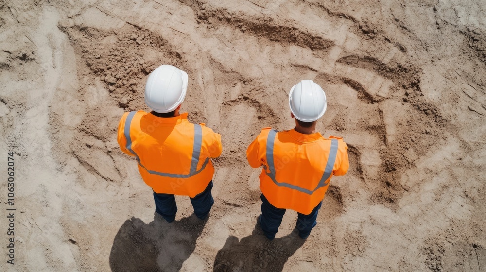 Aufkleber detailed view of a construction crew surveying the land before starting a new building project with 