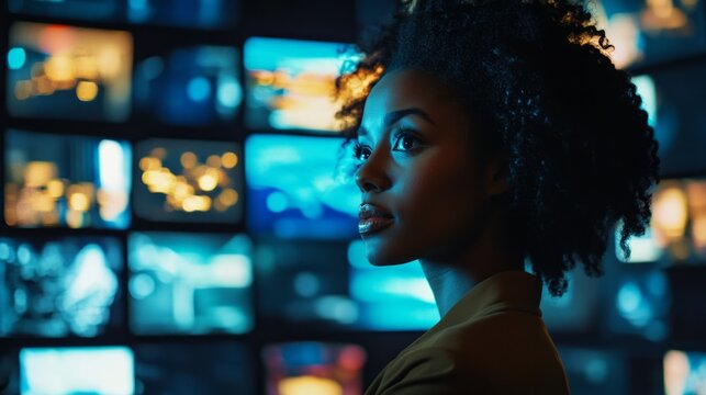 Portrait of beautiful strong woman looking at technological monitors in video editing service