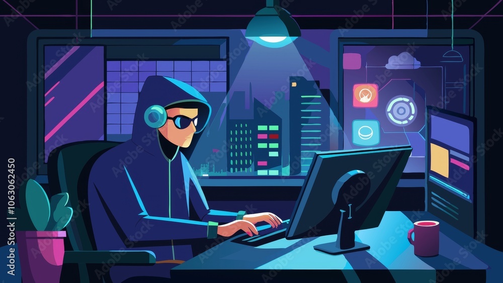 Poster hooded coder in dark room with cityscape and futuristic interface