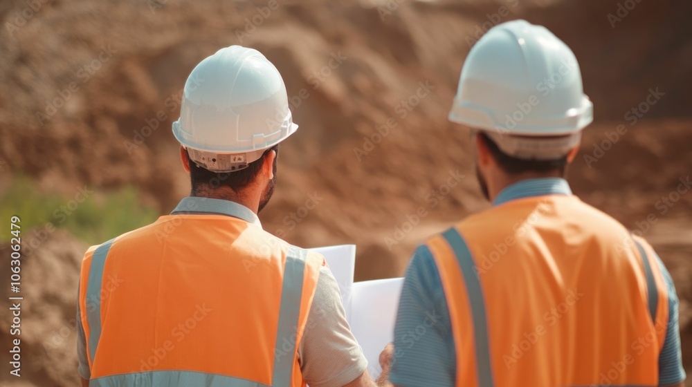 Poster group of engineers gathered at a construction site deeply engaged in discussion over blueprints and 