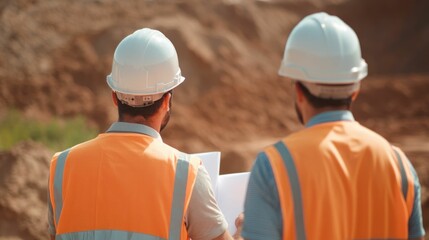 Group of engineers gathered at a construction site deeply engaged in discussion over blueprints and project planning showcasing their collaborative work process