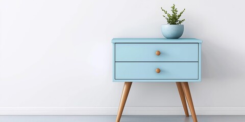 Sleek and stylish blue wooden dresser placed in front of a minimalist white wall