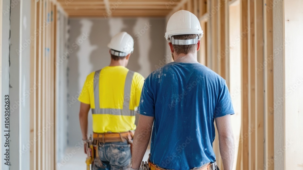 Poster professional workers meticulously installing drywall for a building renovation project with careful 