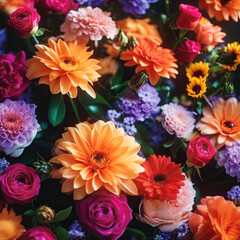 Flowers gathered in a harmonious bouquet, illuminated with soft lighting and presented in a classic style