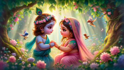 little Krishna and Radha holding hands in the forest among the birds