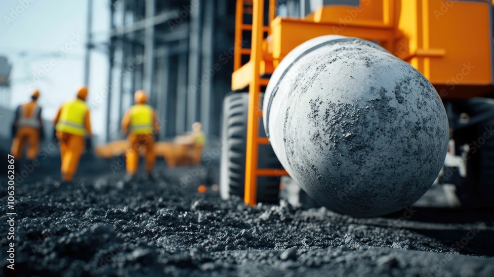 Poster concrete mixer truck operators working diligently on a busy construction site surrounded by heavy ma