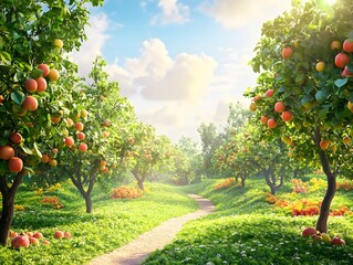 An organic orchard dotted with fruit trees full of various fruits under bright skies