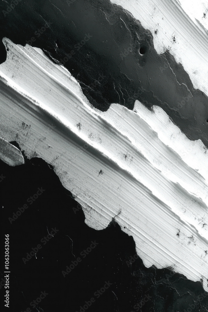 Poster black and white illustration with undulating, textured paint strokes applied in layers. the detail a