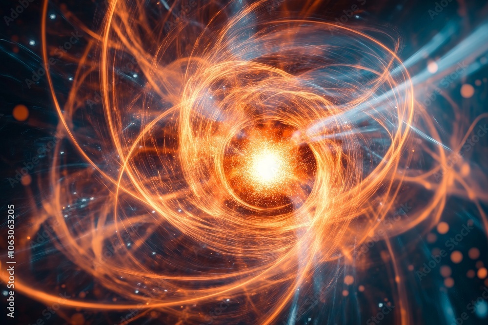 Poster this image captures a dynamic swirling energy, featuring vibrant orange and blue hues that create a 