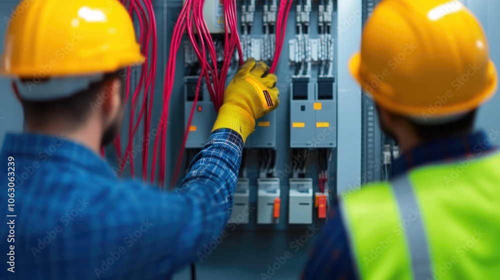 Poster professional construction workers meticulously installing electrical wiring and components inside a 