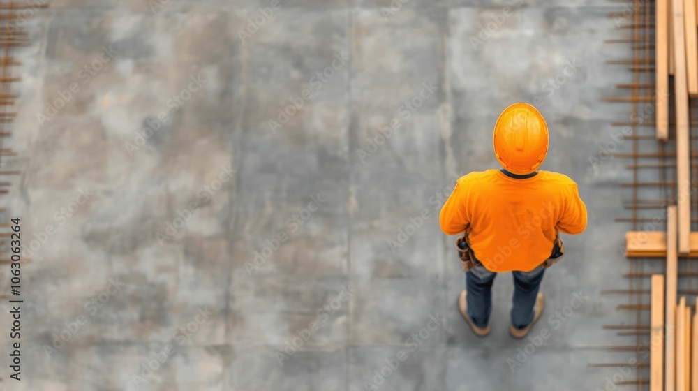 Poster worker measuring and cutting wood at a residential construction site with a deep depth of field show