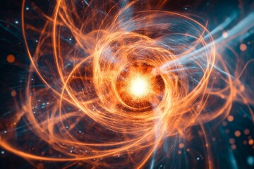 This image captures a dynamic swirling energy, featuring vibrant orange and blue hues that create a sense of motion, power, and cosmic intensity.