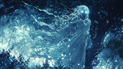 Naklejka premium Enigmatic animestyle forest spirit radiating ethereal light in flowing robes