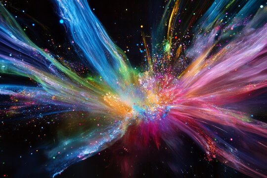 This vibrant image showcases a colorful explosion of cosmic particles in motion, creating a lively and energetic depiction of celestial phenomena.