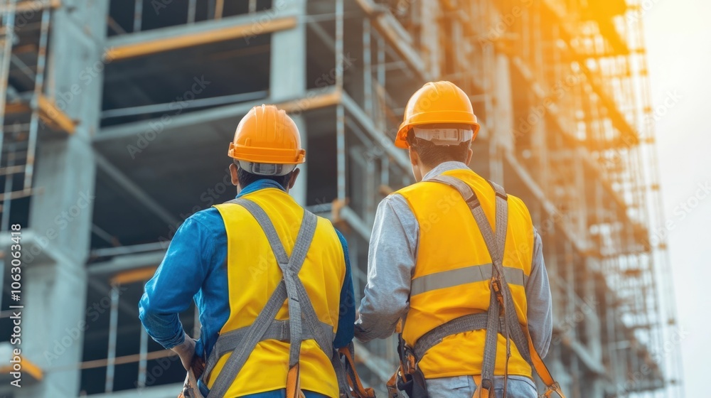 Poster construction workers wearing safety harnesses and installing steel structural frames on a tall moder