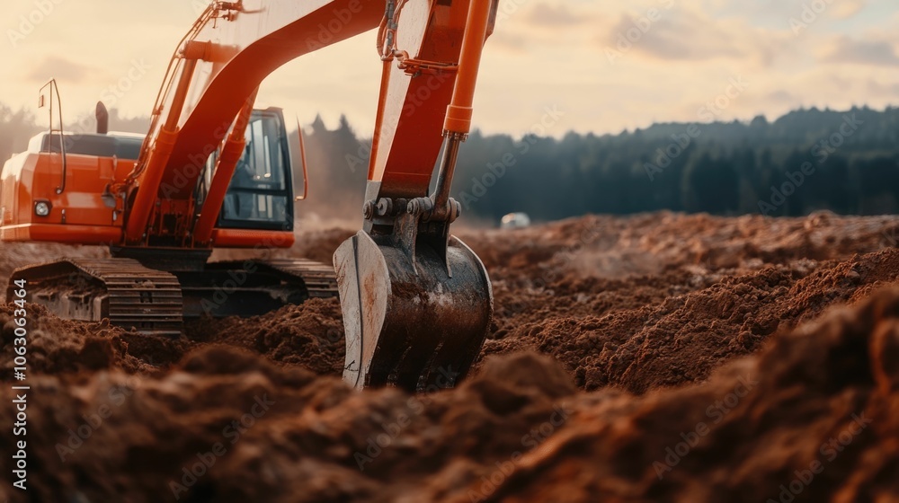 Poster heavy construction equipment such as a large excavator digging and moving earth to lay the foundatio